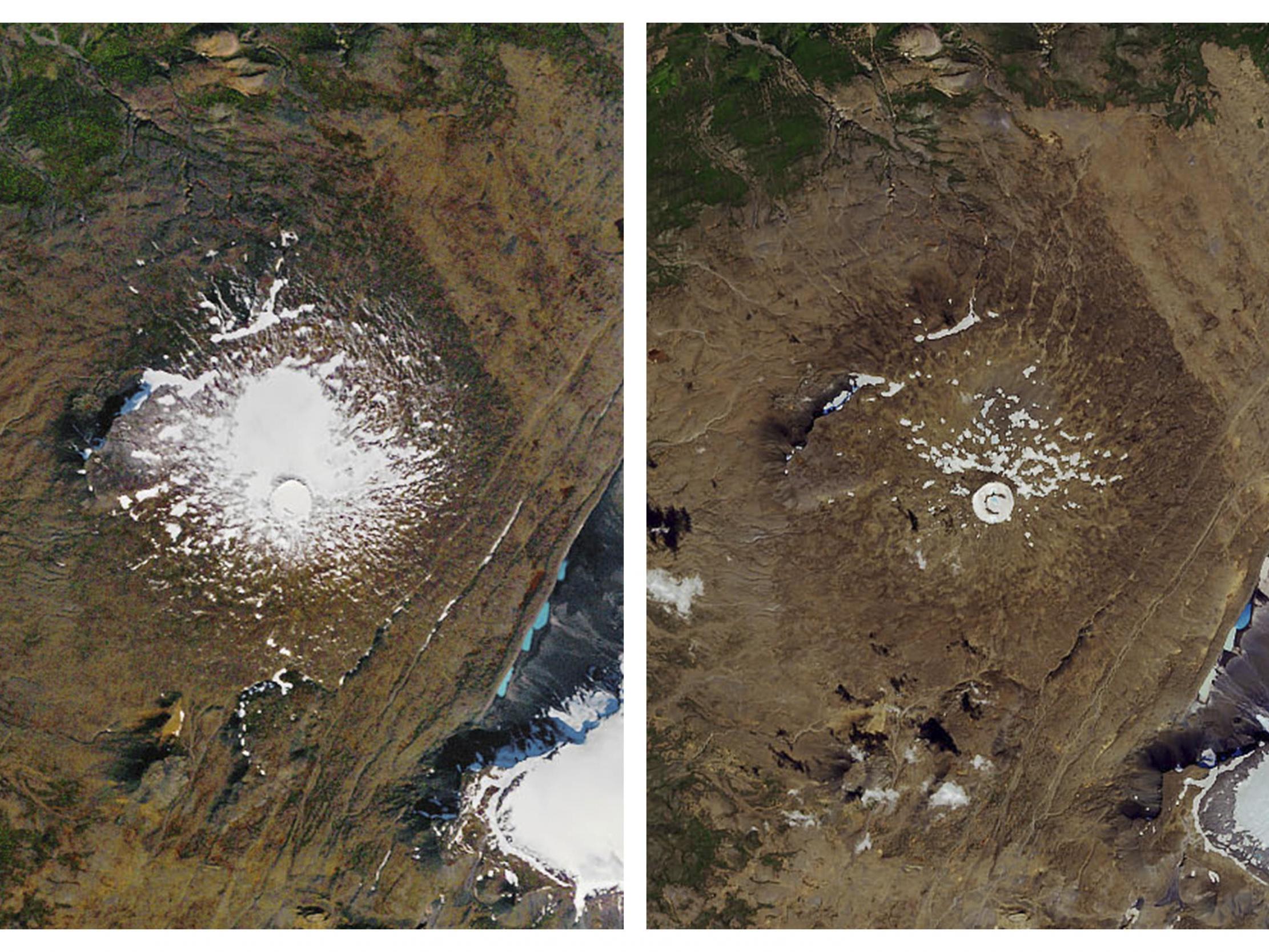 Two NASA photos showing the shrinking of the Okjokull glacier in west-central Iceland. Left: the glacier on 14 September 1986; right: on 1 August 2019