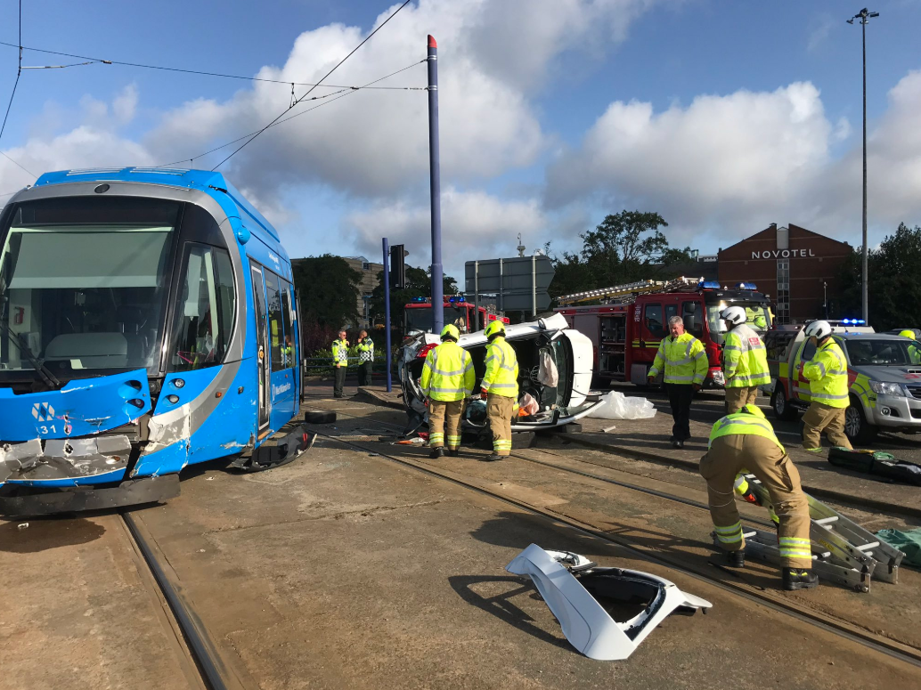 Tram derailed after car collides with streetcar in Wolverhampton city centre