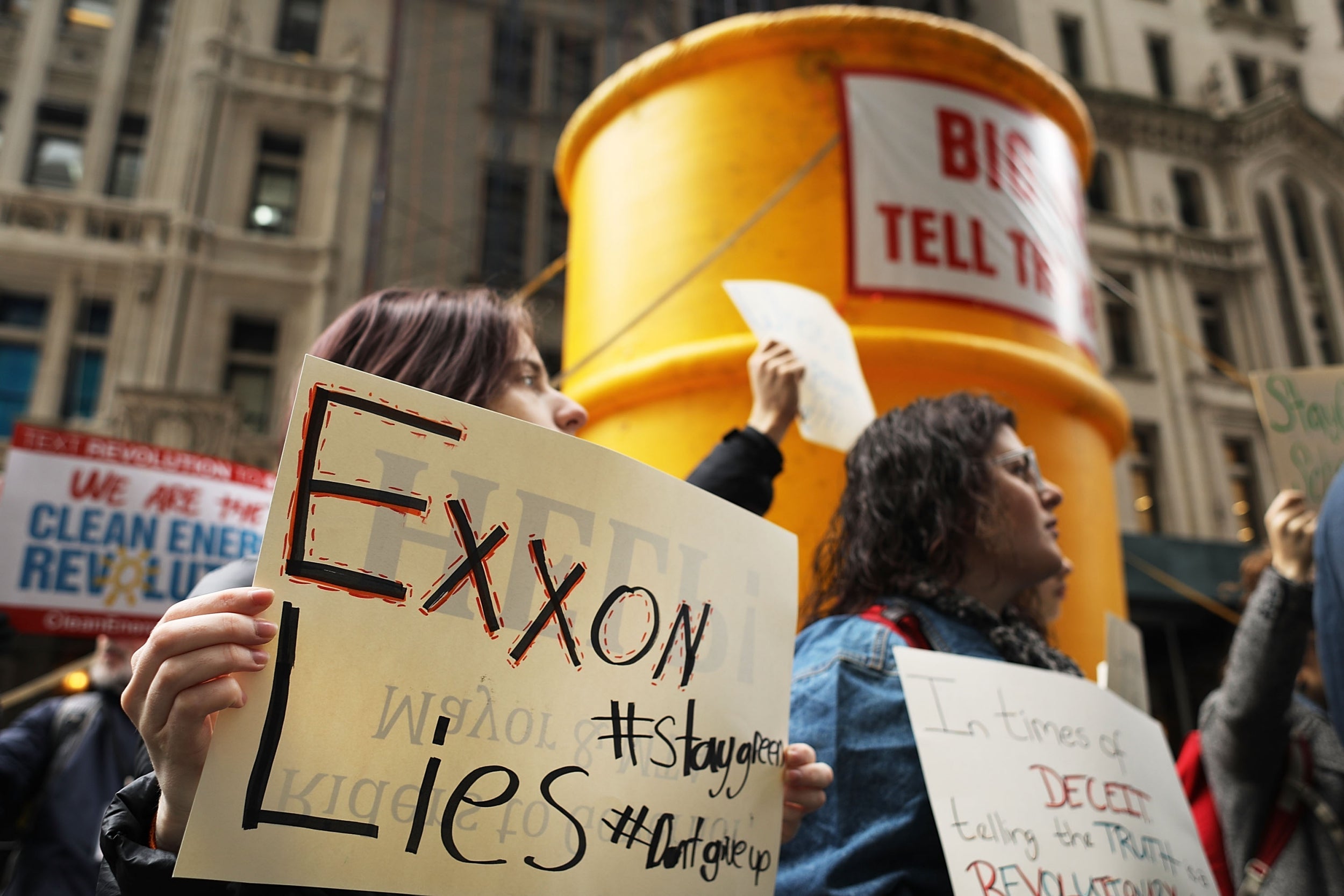 Activists rallying outside New York’s attorney general office in 2017 to support the investigation into whether oil giant Exxon covered up its knowledge about climate change