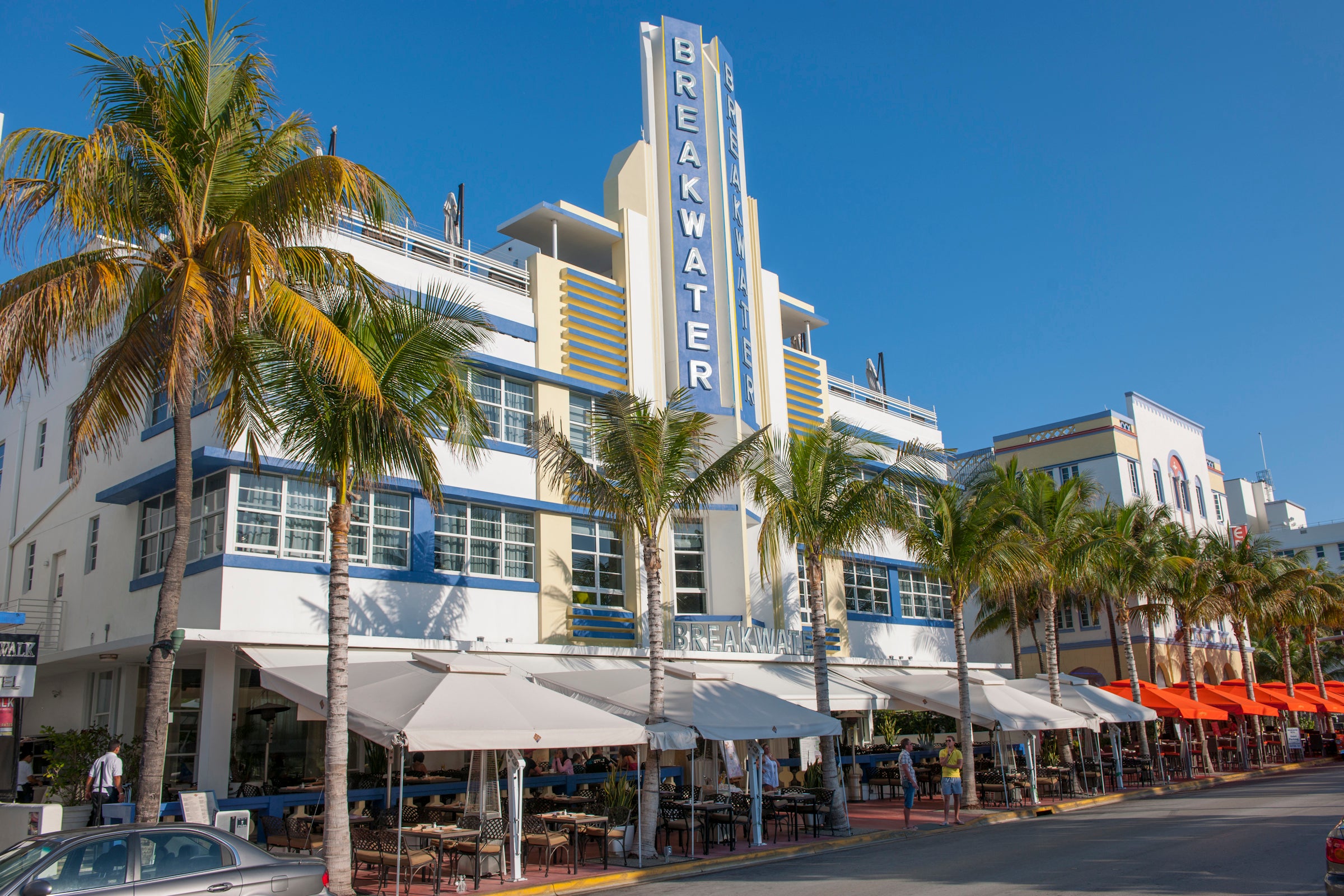 The facade of the Breakwater hotel, classic Art Deco in Miami