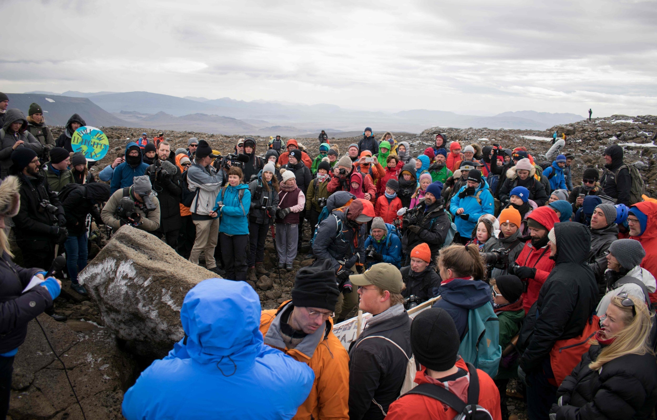 A monument is unveiled at the site of Okjokull, Iceland's first glacier lost to climate change in the west of Iceland on August 18, 2019