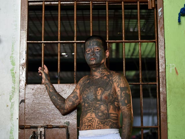 <p>An ex member of the MS-13 gang is pictured at Santa Ana prison, 60 km northwest of San Salvador, on May 21, 2019</p>