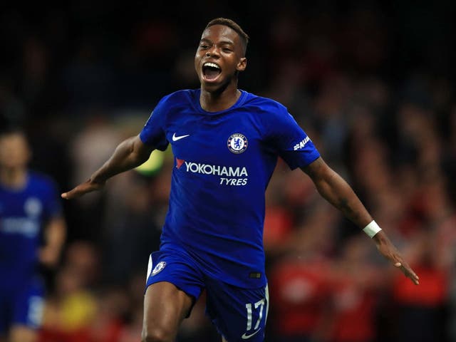 Charly Musonda celebrates scoring for Chelsea in the 2017/18 Carabao Cup