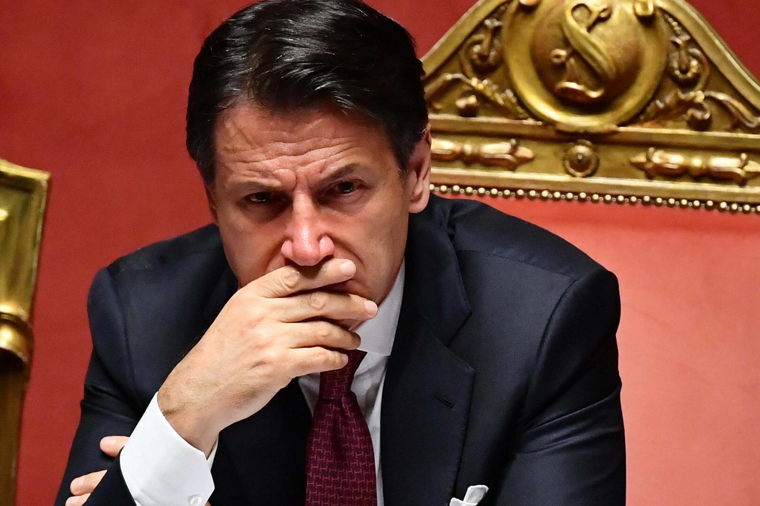 Giuseppe Conte looks on after he addressed the Senate in Rome