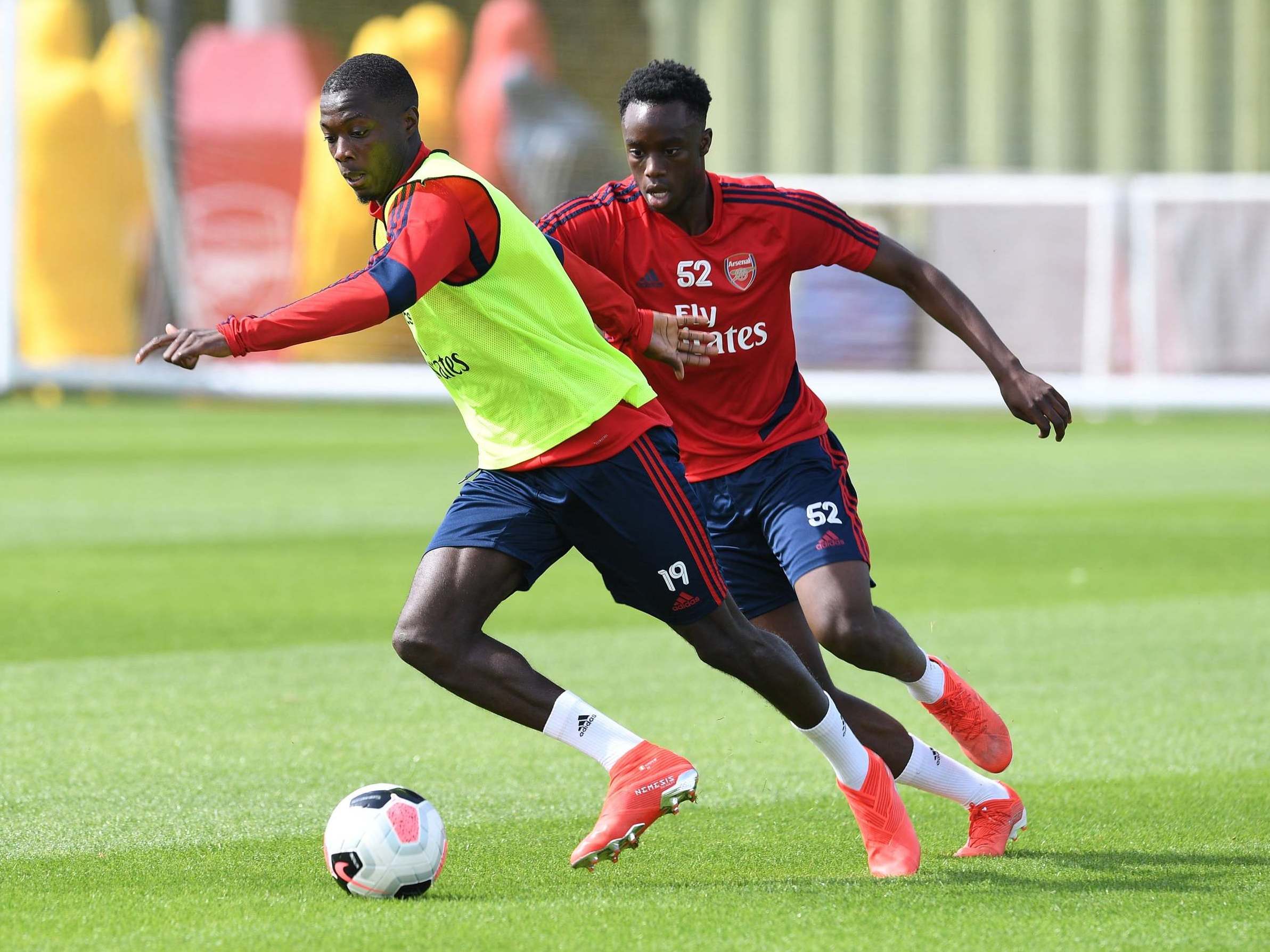 Nicolas Pepe and James Olayinka in Arsenal training this week