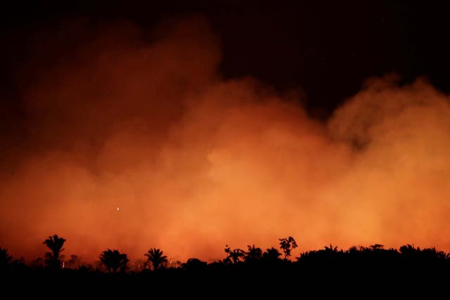 Smoke billows during a fire in the Amazon