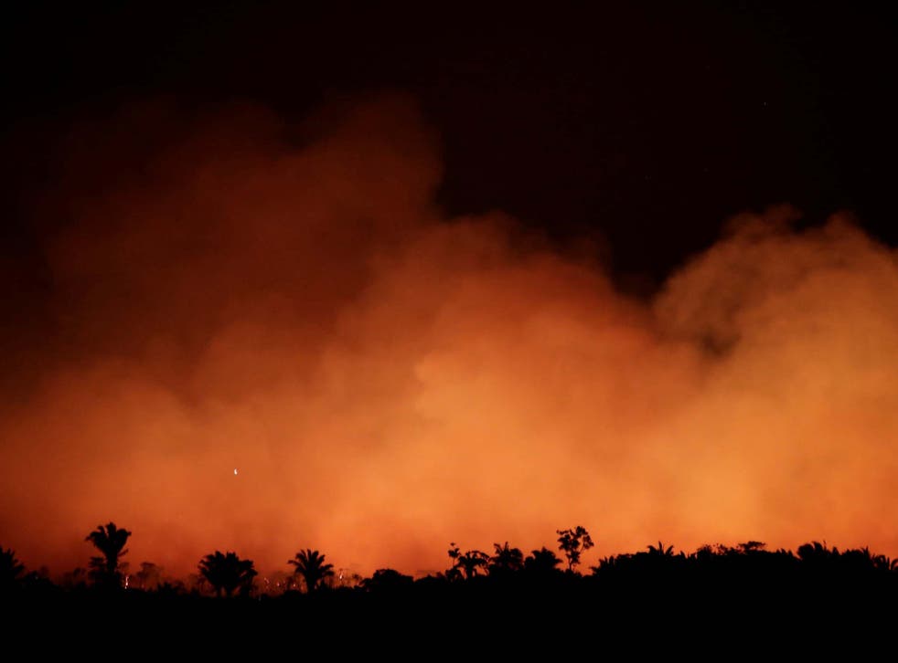 Smoke billows during a fire in the Amazon