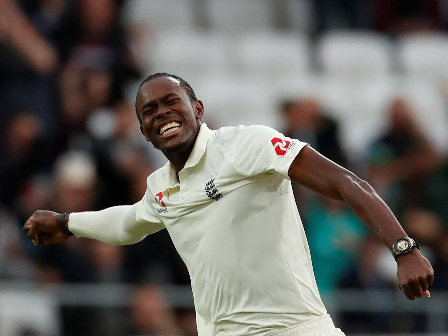 Jofra Archer celebrates during his six-wicket haul on the opening day of the third Ashes Test