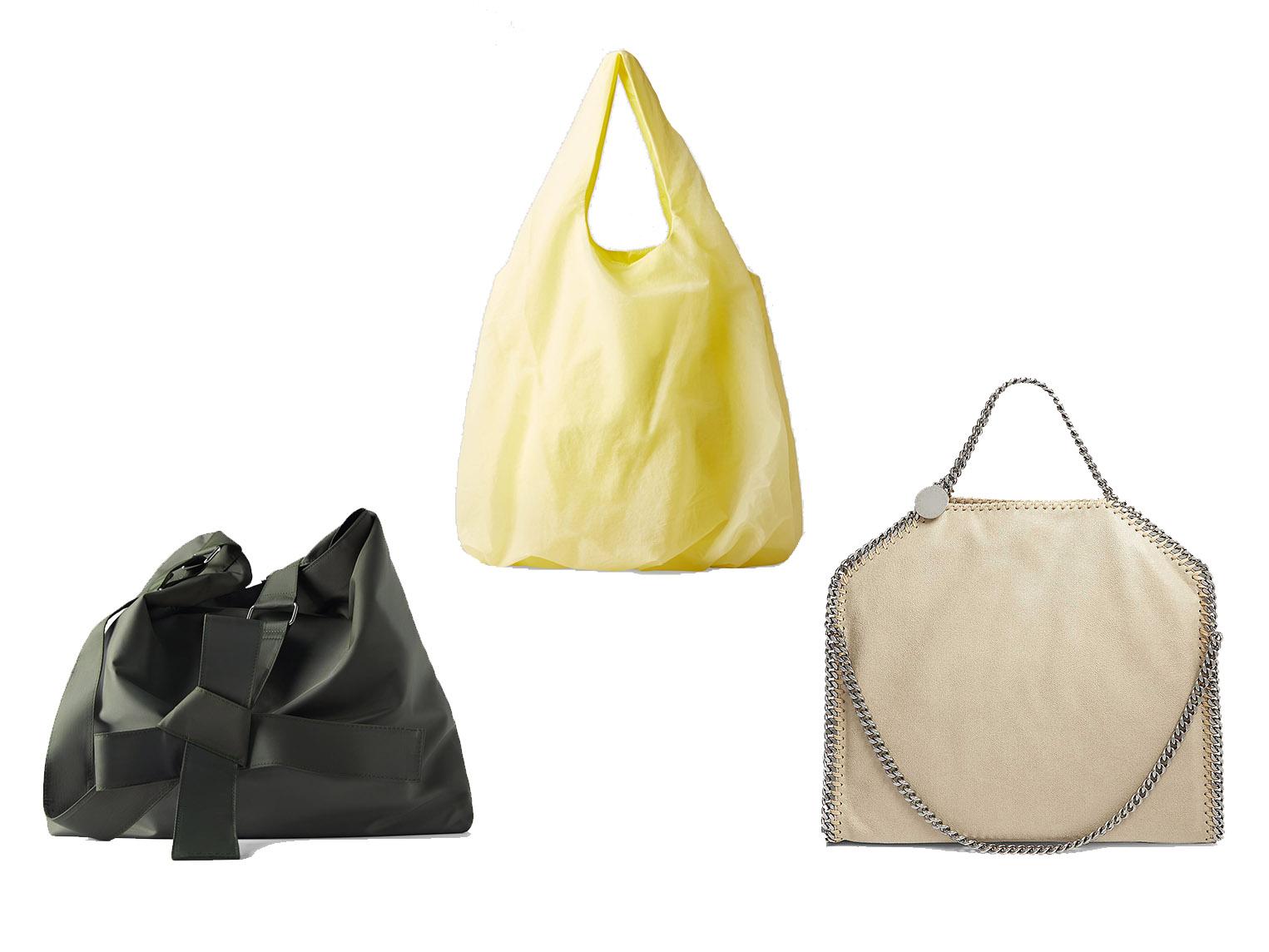 Technical Fabric XXL Maxi Bucket Bag, £29.99, Zara; Lightweight Technical Shopper, £55, Cos; Stella McCartney, Faux-Suede Shoulder Bag, £720, Selfridges