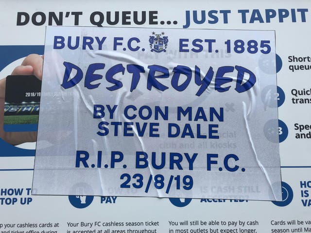 A sign outside Bury's Gigg Lane protesting Steve Dale's ownership