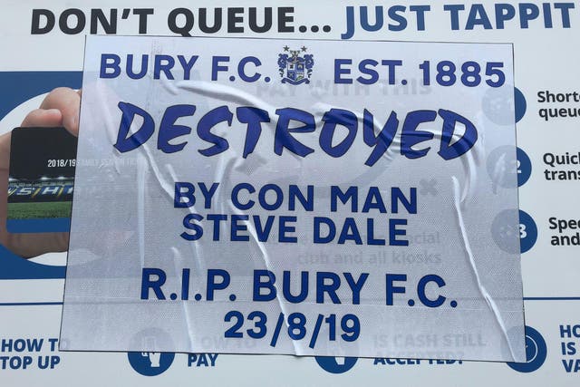 A sign outside Bury's Gigg Lane protesting Steve Dale's ownership