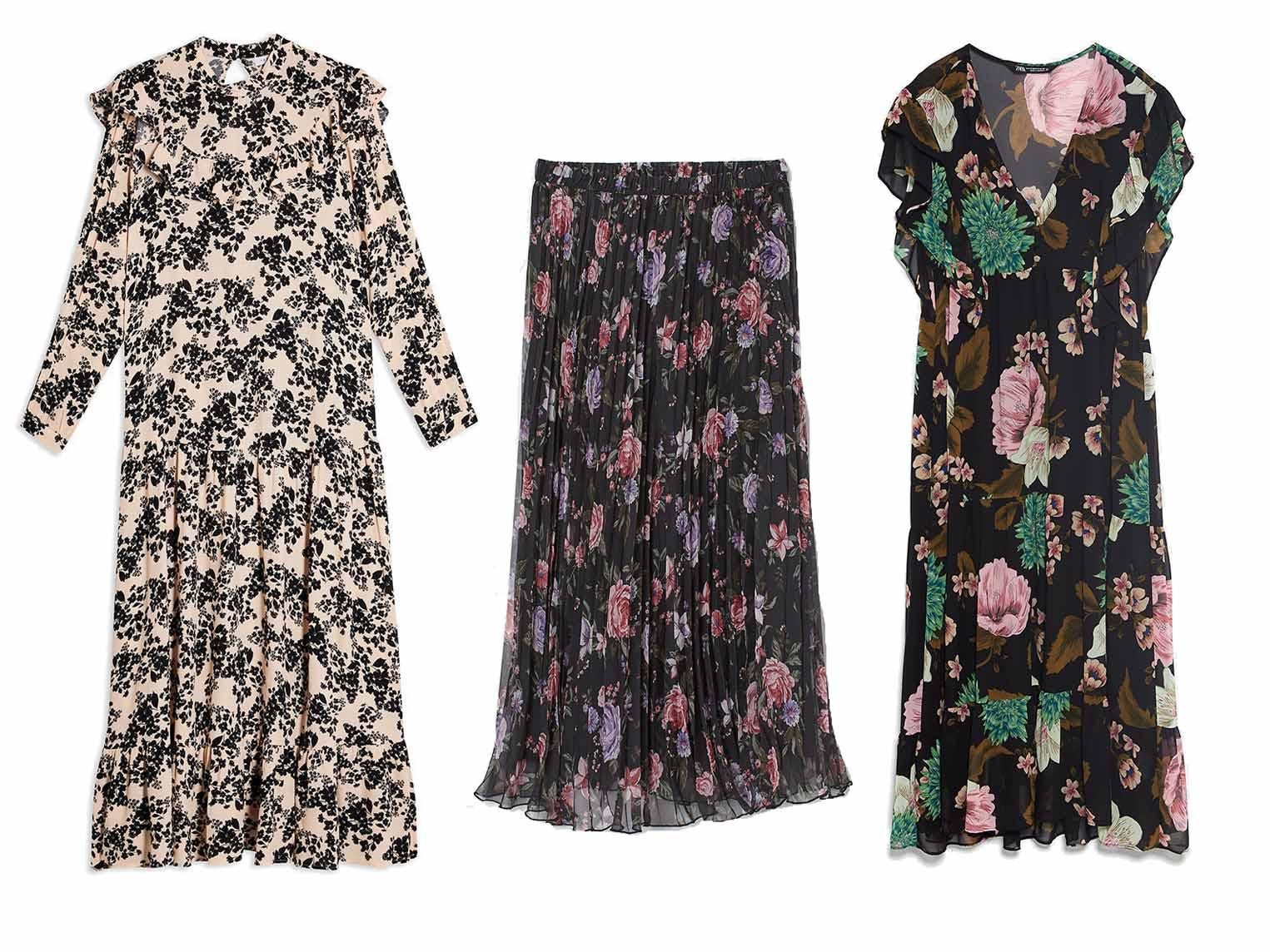 Floral Print Pintuck Ruffle Maxi Dress, £49, Topshop; Pleated Skirt, £19.99, H&amp;M; Floral Print Dress, £49.99, Zara