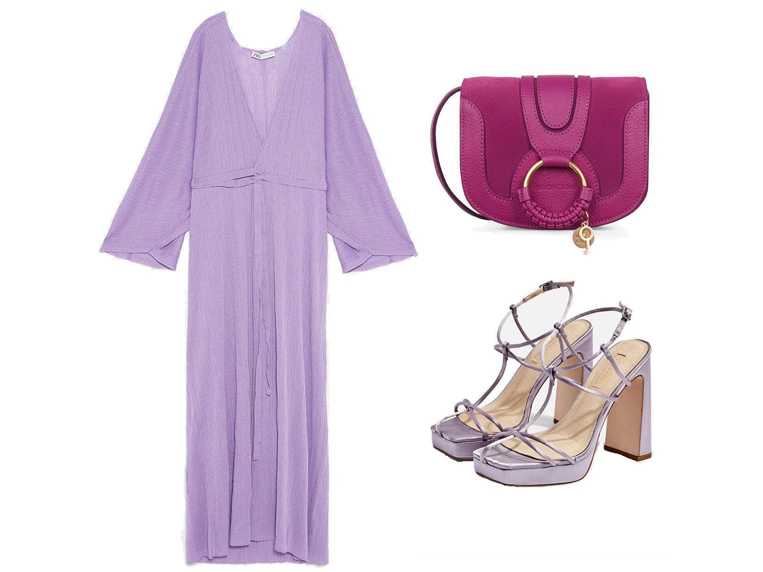 Wrap Dress, £49.99, Zara; Mini Hana Bag, £250, Chloe; Riga Cage Block Heels, £56, Topshop