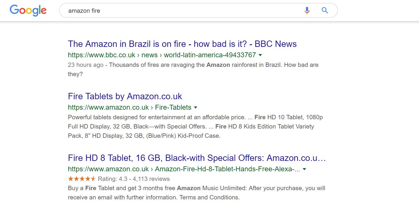 Two of the top three Google results for ‘amazon fire’ show devices from the tech giant