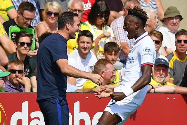 Tammy Abraham celebrates his first goal with Frank Lampard