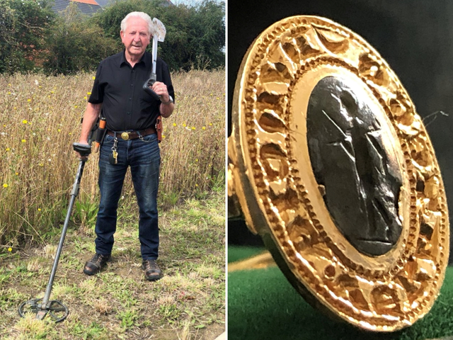 Metal detectorist Tom Clark, 81, discovered a ring he found on farmland near Aylesbury in 1979 is a rare fourteenth century gold ring worth up to £10,000.