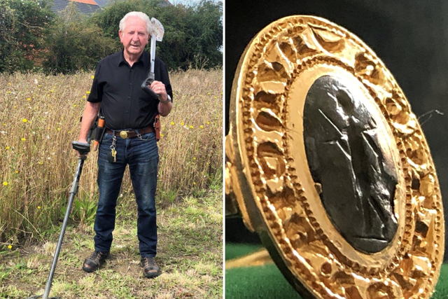 Metal detectorist Tom Clark, 81, discovered a ring he found on farmland near Aylesbury in 1979 is a rare fourteenth century gold ring worth up to £10,000.