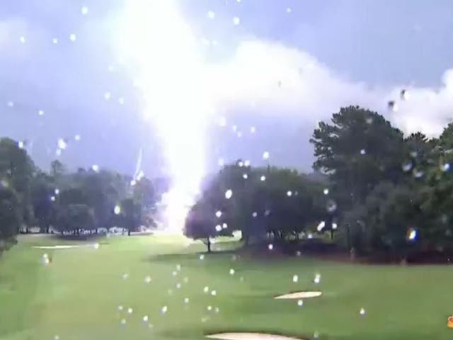 Lightning strikes near the 15th green at the Tour Championship