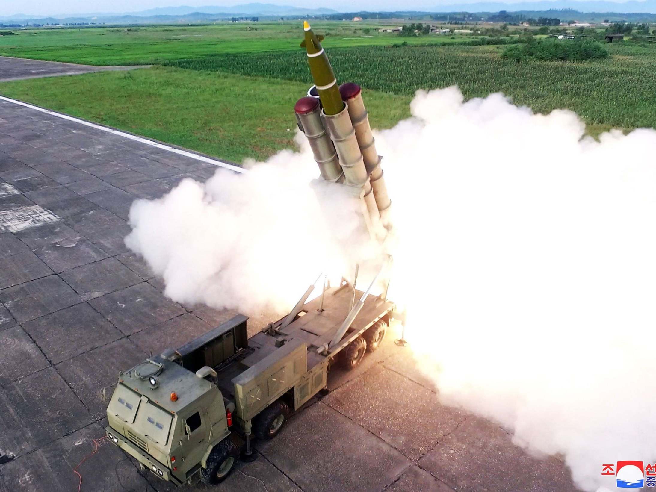 Picture from North Korean state media shows test-firing of a 'newly developed super-large multiple rocket launcher'