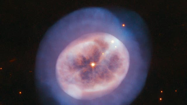 "When stars like the Sun grow advanced in age, they expand and glow red. These so-called red giants then begin to lose their outer layers of material into space. More than half of such a star's mass can be shed in this manner, forming a shell of surrounding gas. At the same time, the star's core shrinks and grows hotter, emitting ultraviolet light that causes the expelled gases to glow.
This type of object is called, somewhat confusingly, a planetary nebula, though it has nothing to do with planets. The name derives from the rounded, planet-like appearance of these objects in early telescopes" - European Space Agency