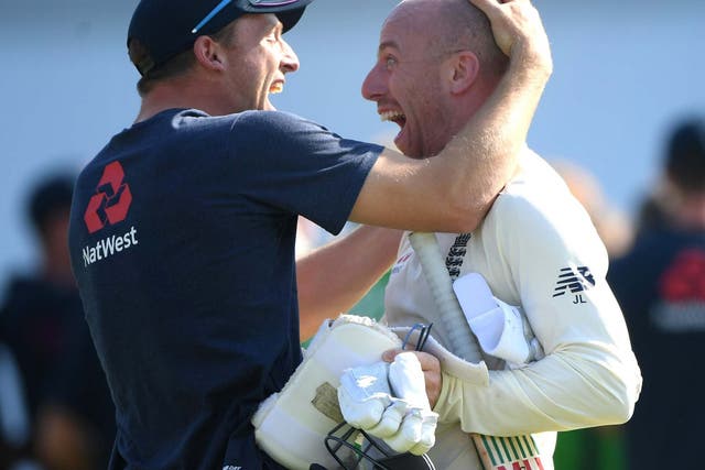 England batsman Jack Leach celebrates with Jos Buttler