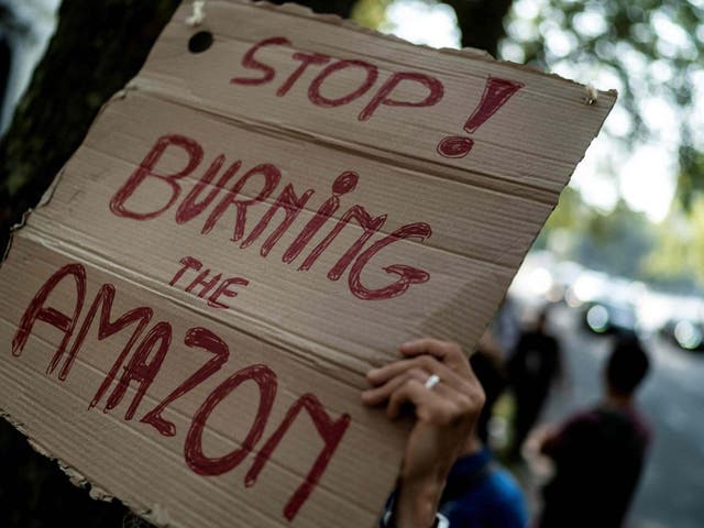 A protester holds a placard at the Brazilan Embassy in Brussels, calling on the country to protect the Amazon rainforest