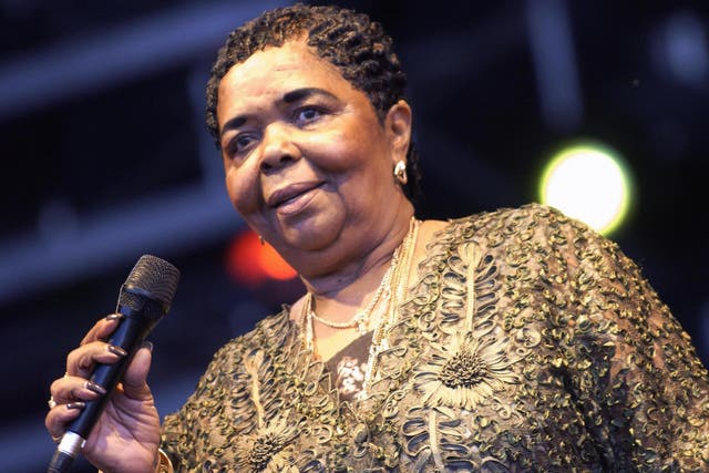 Cesária Évora performs at the Solidays music festival on 10 July, 2004 in Paris.