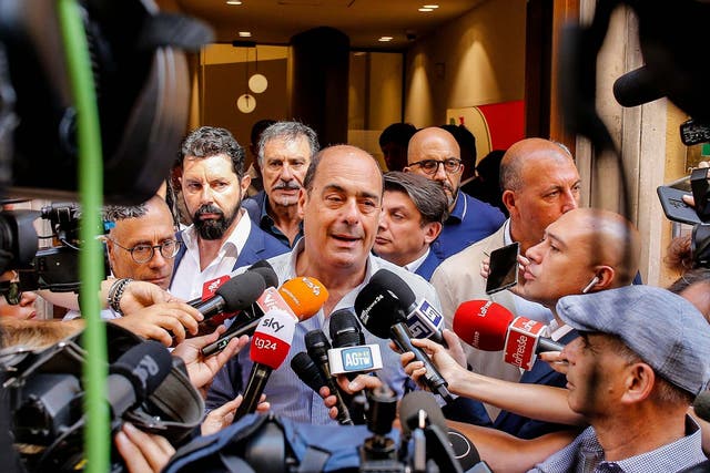 Nicola Zingaretti, secretary of the Italian Democratic Party, talks to the media outside the centre-left paty's headquarters in Rome on Monday