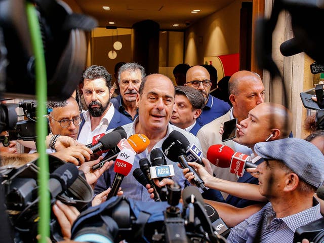 Nicola Zingaretti, secretary of the Italian Democratic Party, talks to the media outside the centre-left paty's headquarters in Rome on Monday