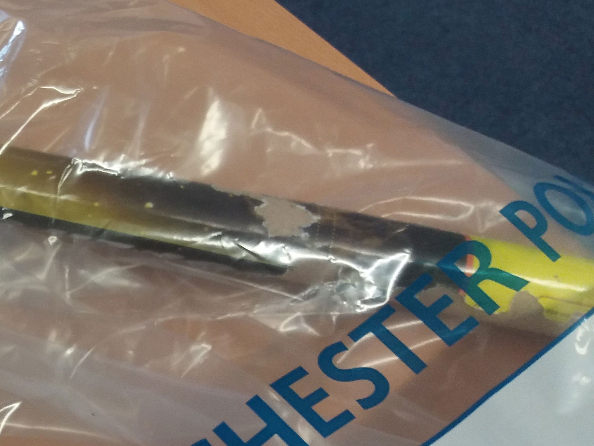 Part of a firework launcher that was used to attack a police car in Ashton-under-Lyne on 25 August