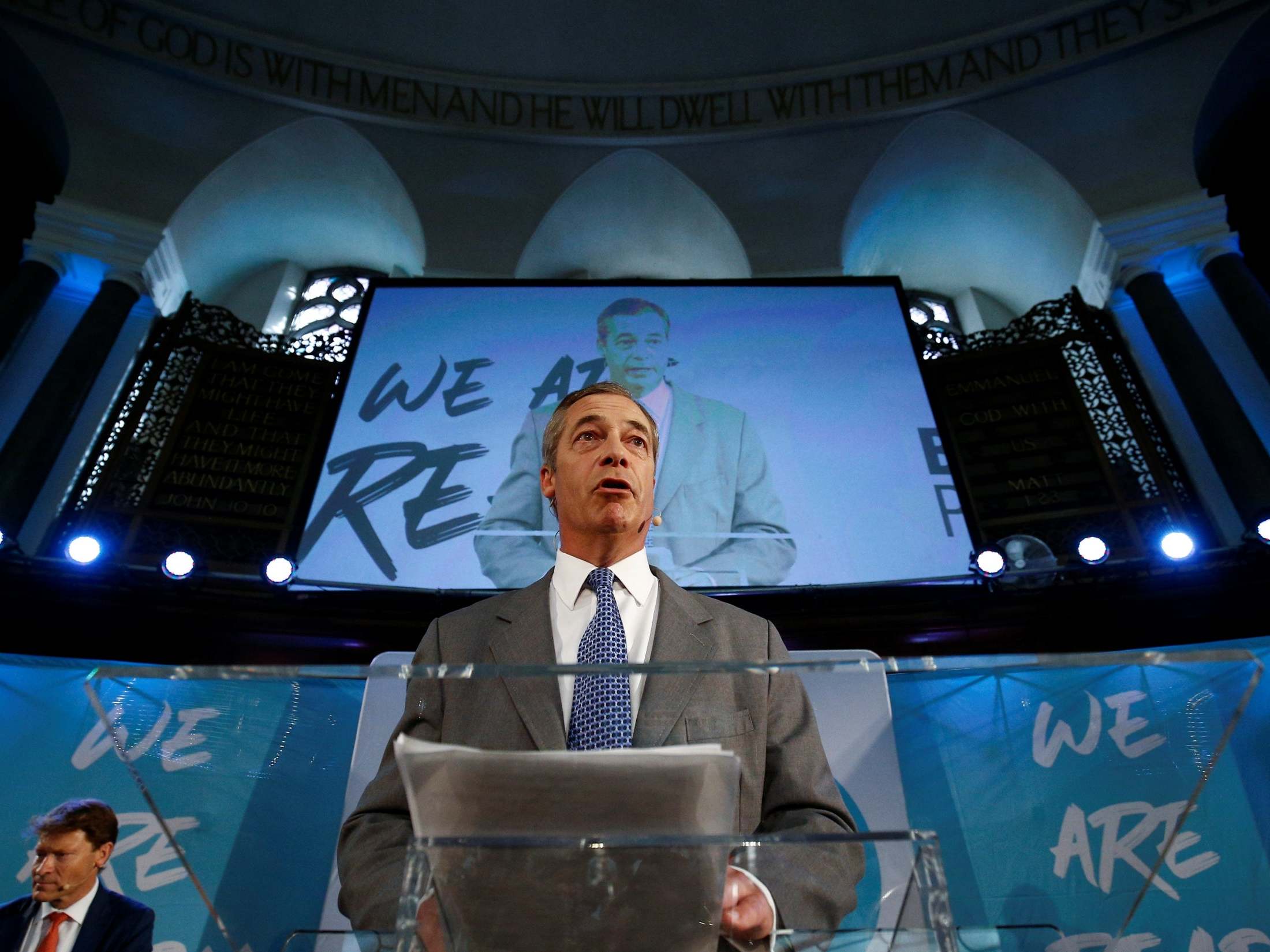 Nigel Farage speaks during a rally for Brexit Party candidates in Westminster