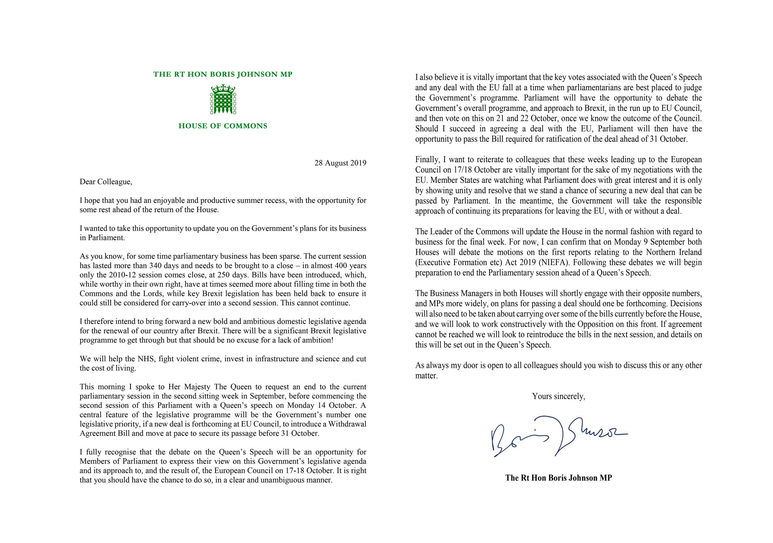 Boris Johnson’s letter to MPs announcing his plan to prorogue parliament (Downing Street/AP)