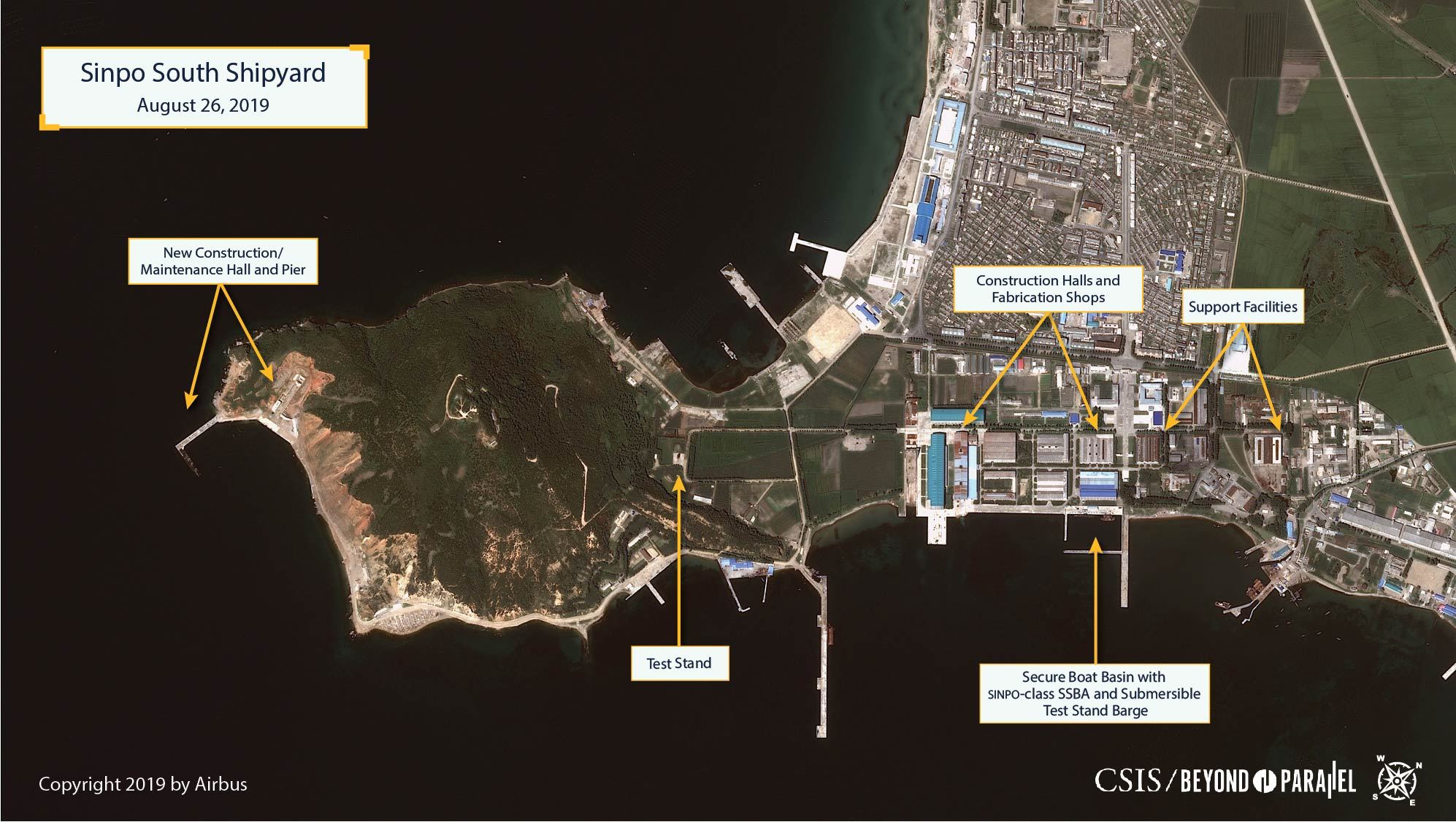 Satellite image showing an overview of Sinpo South Shipyard, in North Korea, on 26 August 2019.