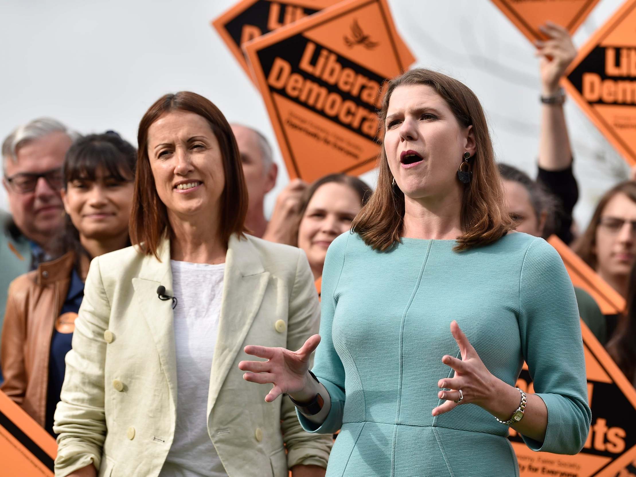A force to Brecon with: by-election victor Jane Dodds stands behind Swinson