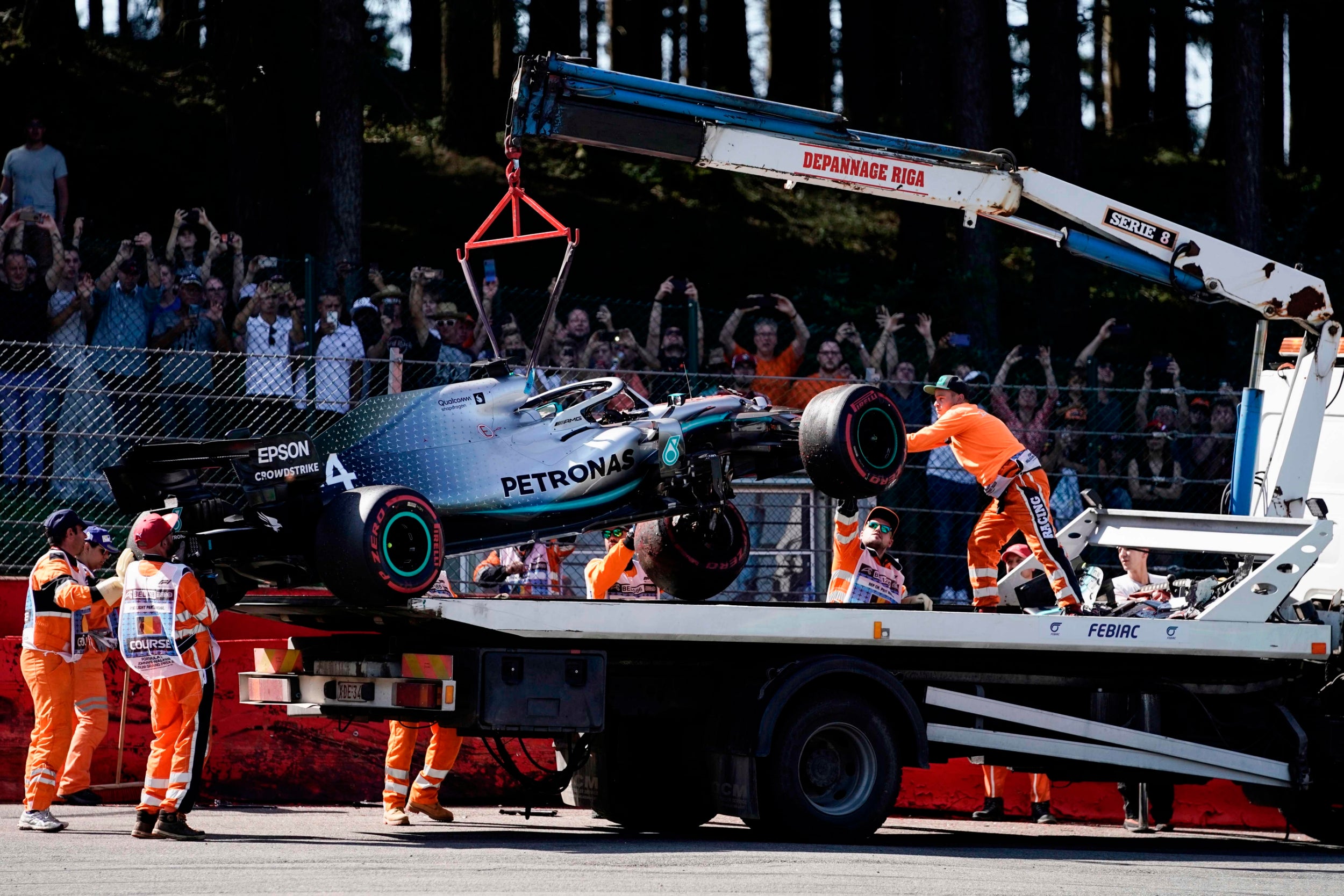 Hamilton's car suffered extensive damage to the front and left sides (AFP/Getty)