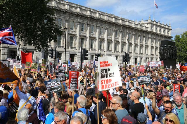 Protesters gather in central London to demonstrate against the suspension of parliament