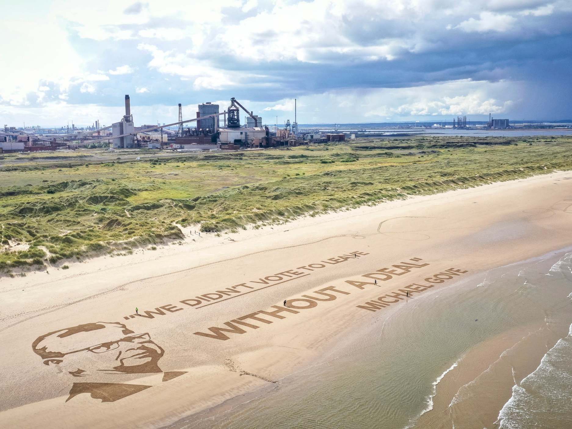 The sand installation, on Redcar beach in North Yorkshire, is the latest in a series of stunts by campaigners Led By Donkeys which highlight the politicians' hypocrisy on Brexit