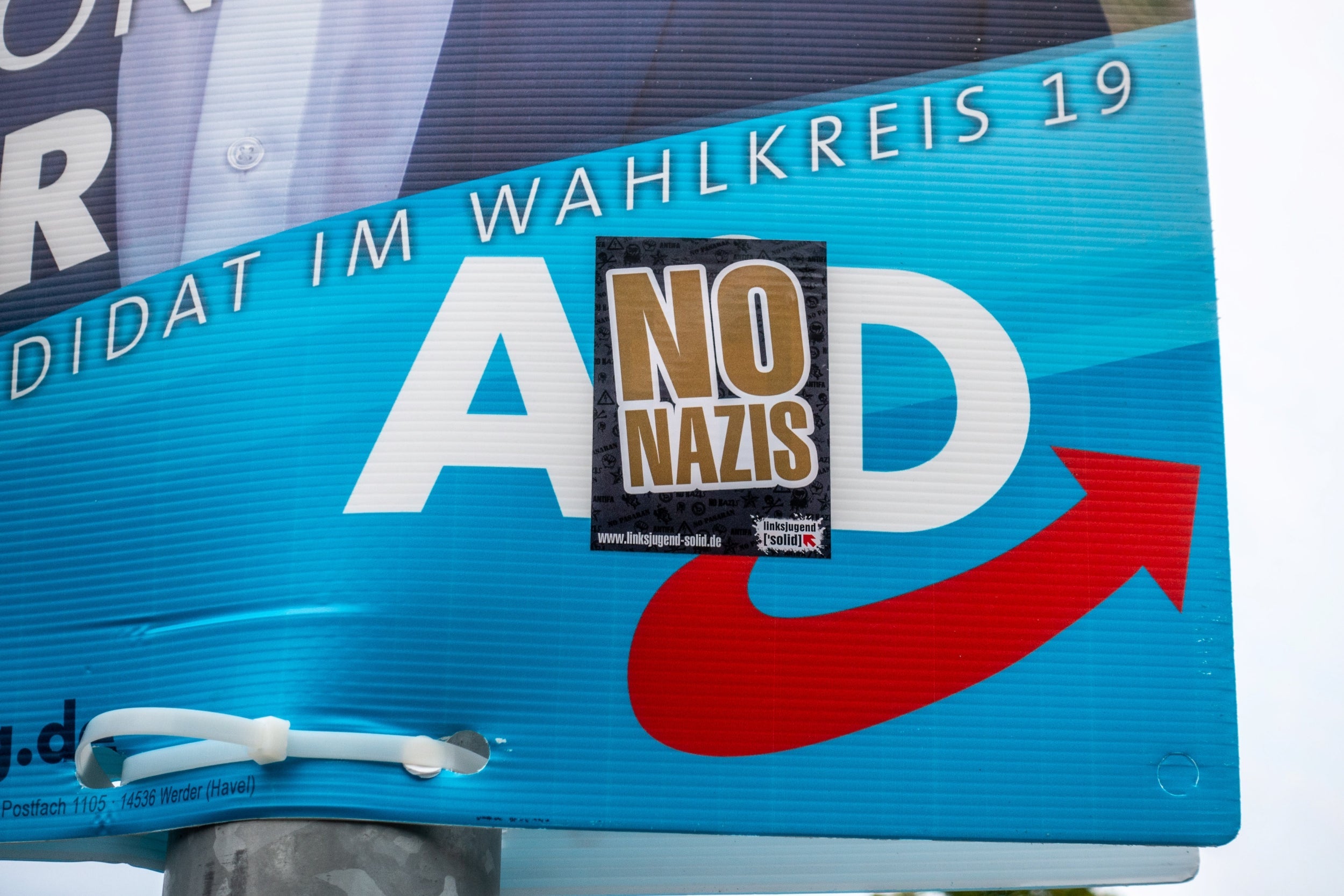 A sticker reading 'No Nazis' on a campaign banner of the Alternative for Germany