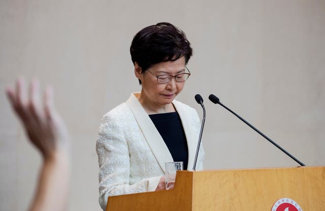 Carrie Lam attends a press conference at the government offices in Hong Kong on Tuesday