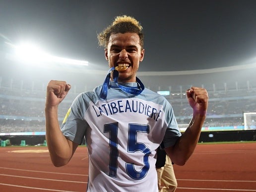 Captain Joel Latibeaudiere celebrates winning the U17s World Cup in India