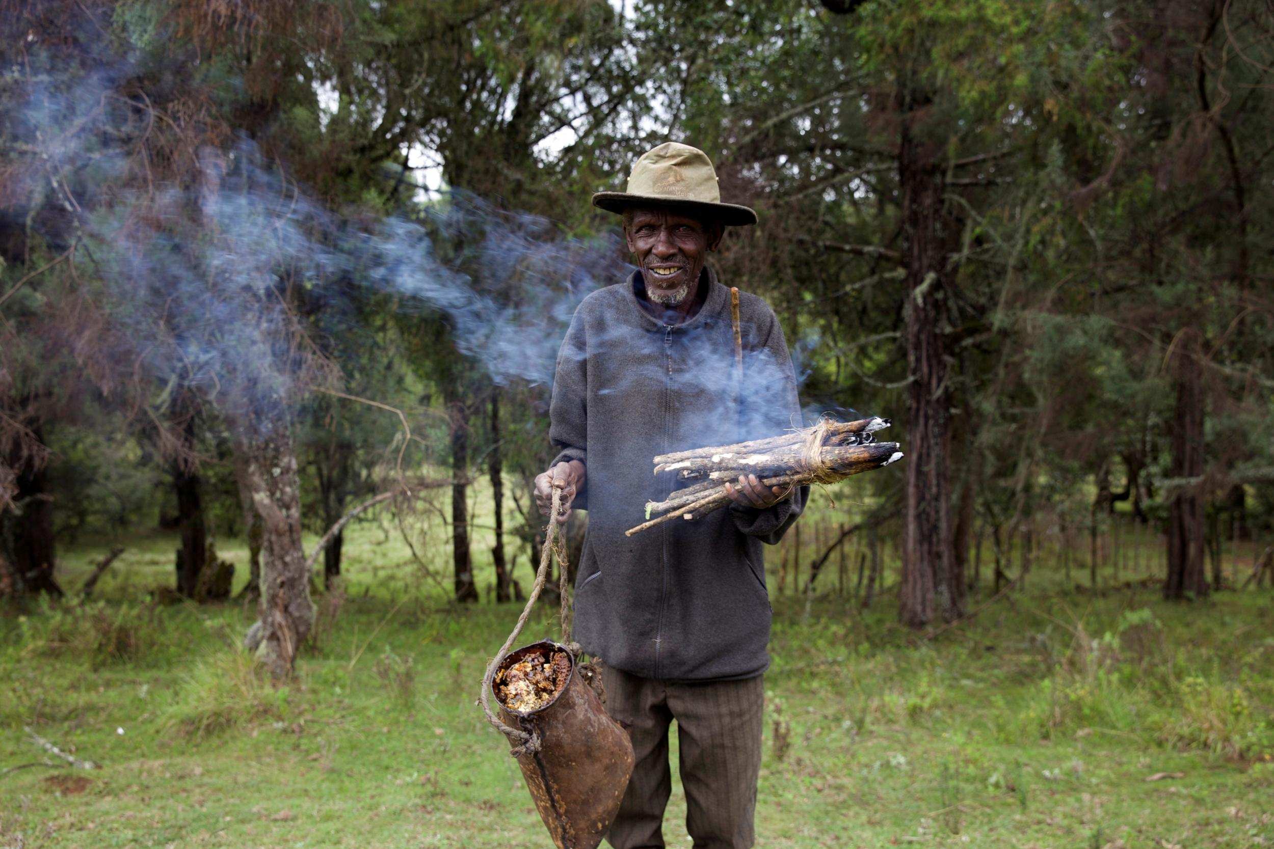 Homeland: an man from Ogiek community harvests honey in Mount Elgon game reserve, where they have reached an agreement with the government allowing them to remain in their ancestral lands in western Kenya