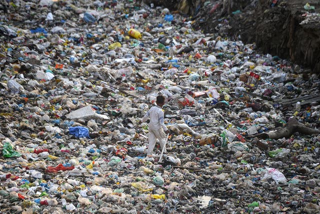 A sewage drain canal full of garbage in the Taimur Nagar slum area in New Delhi
