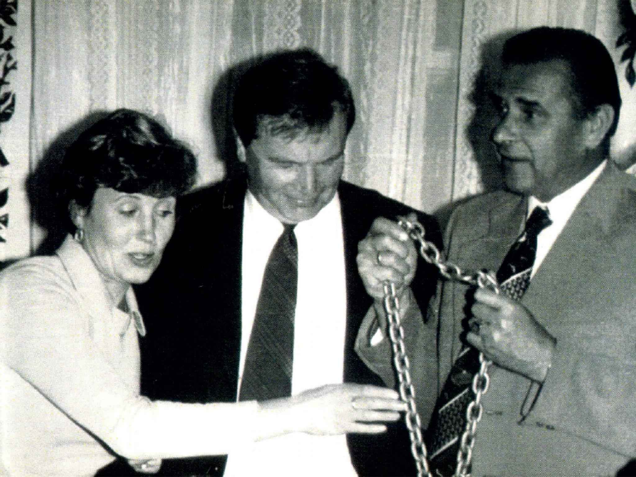 The renowned footballer Lev Yashin?(right), a friend of the Lebedevs, congratulating Alexander’s?father on his 50th?birthday, with his mother, Maria Sergeyevna