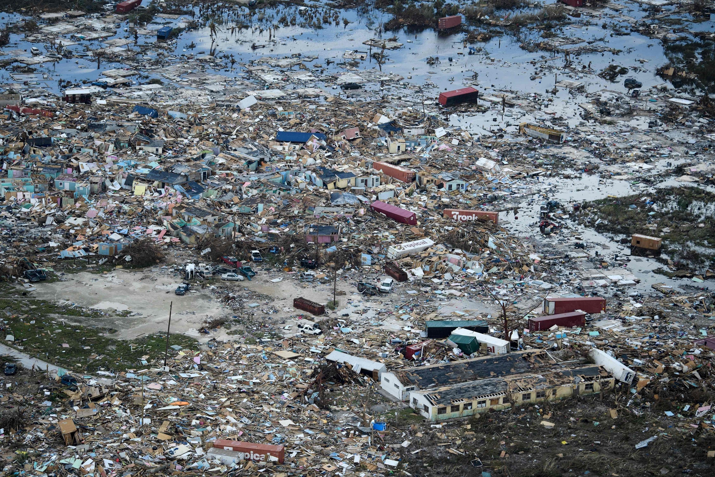 An aerial view of damage from Hurricane Dorian on September 5, 2019, in Marsh Harbour,