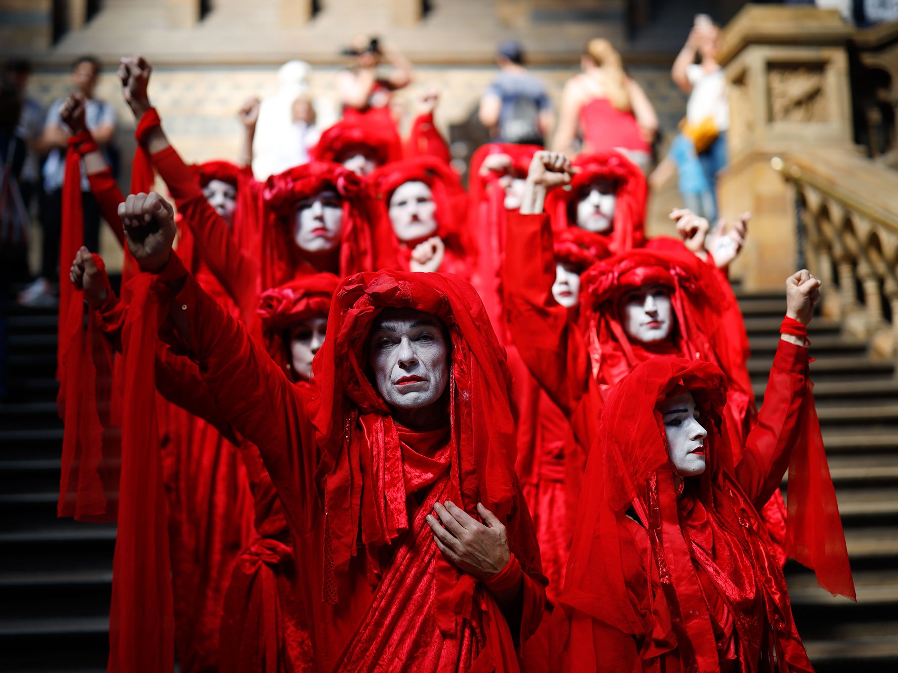 Extinction Rebellion activists at a mass die-in at the Natural History Museum in April, the eighth day of a city-wide protest that brought parts of London to a standstill