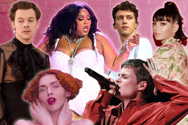 Clockwise from top: Harry Styles, Lizzo, Troye Sivan, Charli XCX, Christine and the Queens, and SOPHIE