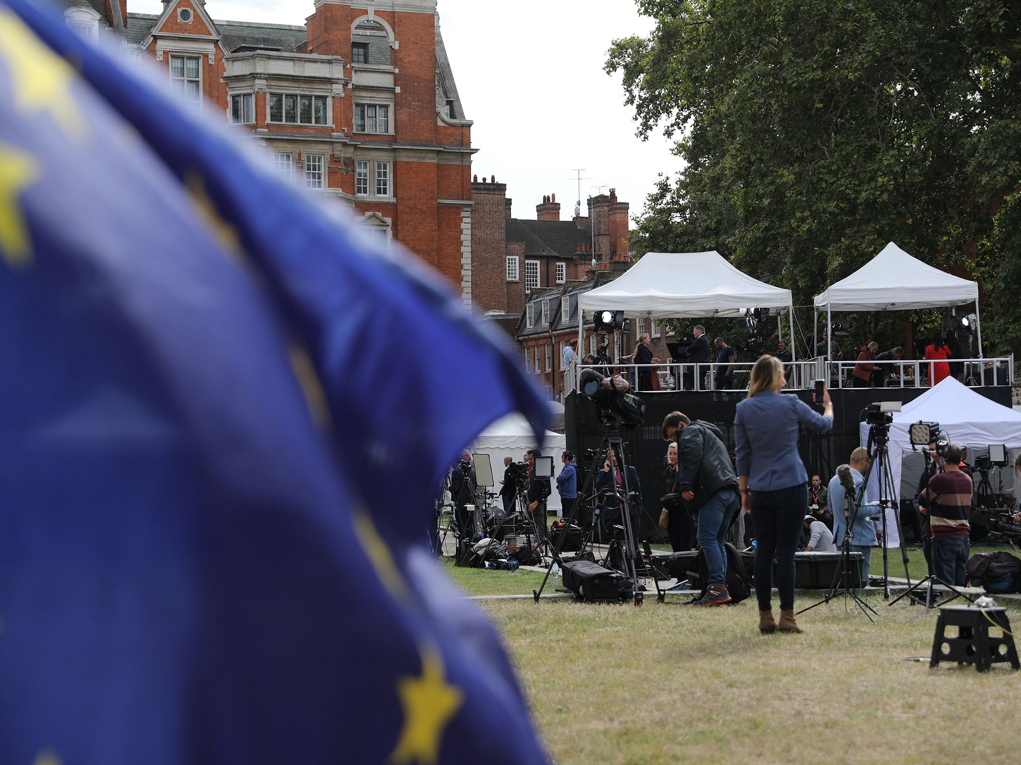 The scale of a political crisis is measured by the number of media gazebos on College Green