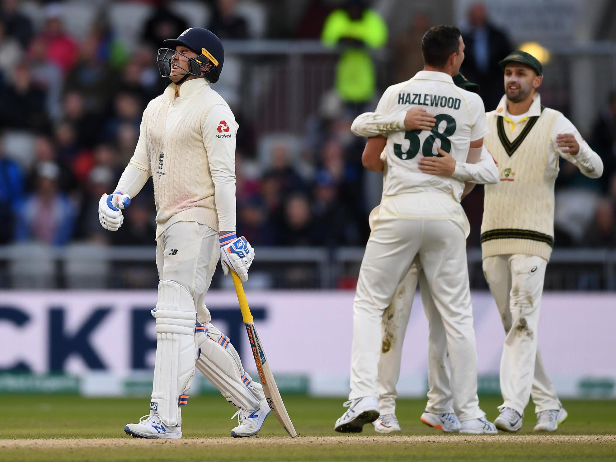 Jason Roy leaves the field after being dismissed by Josh Hazlewood