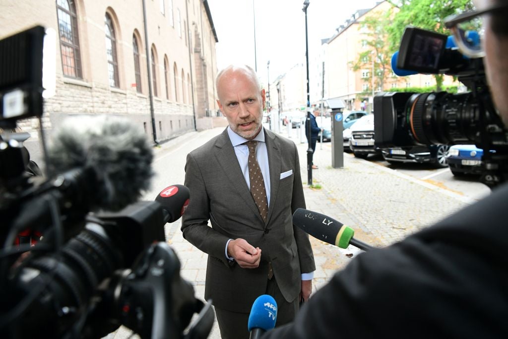 Henrik Olsson Lilja, the lawyer of US rapper Rakim Mayers, talks to the press after a hearing in the rapper's trial on July 5, 2019 in Stockholm.