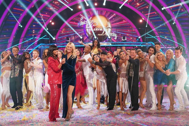 Claudia Winkleman and Tess Daly with the celebrity dancers and their professional partners on Strictly Come Dancing 2019